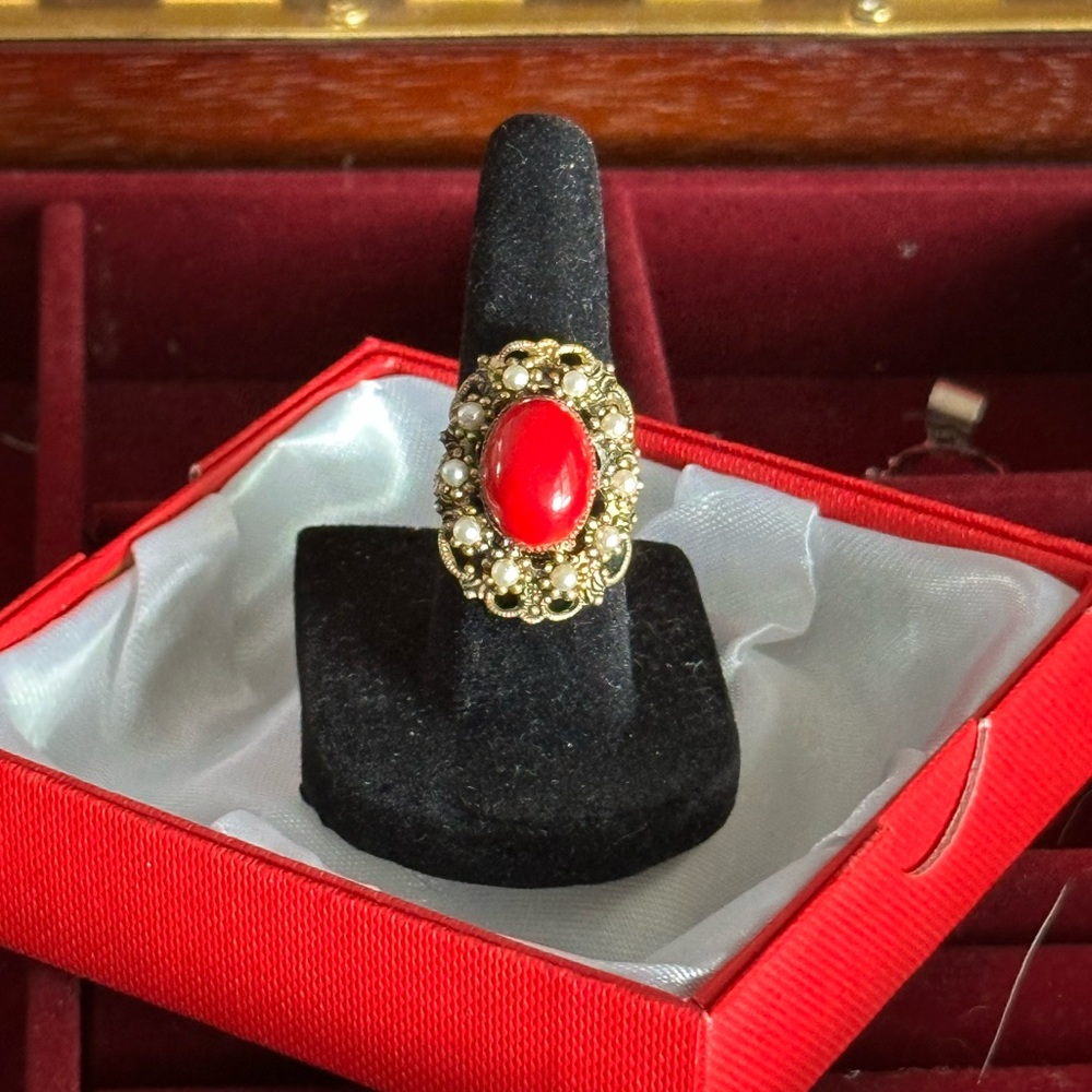 1950s Cocktail Ring Red and Pearl Goldtone Statement Piece - W Germany
